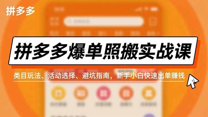 拼多多爆单照搬实战课，类目玩法、活动选择、避坑指南，新手小白快速出单赚钱